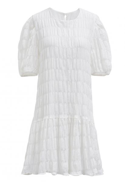 Flowing Embossed Pleat Detail Mini Dress in White