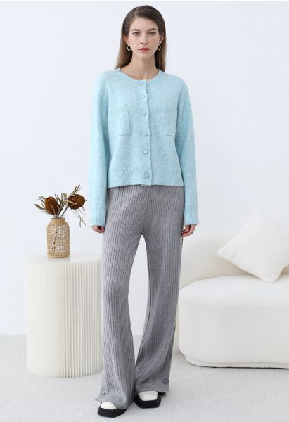 Buttoned Hem Ribbed Knit Pants in Grey