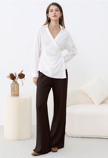 Buttoned Hem Ribbed Knit Pants in Brown