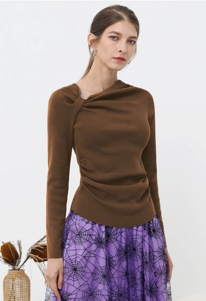 Side Knot Ruched Long-Sleeve Knit Top in Brown