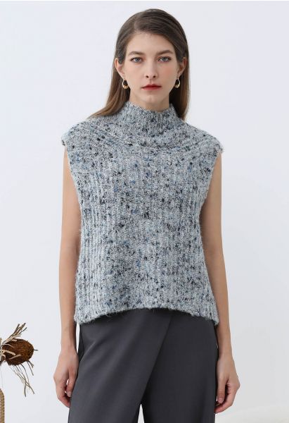 Fuzzy Mix-Knit Mock Neck Sleeveless Top in Grey