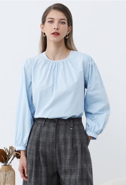 Easygoing Puff Sleeve Cotton Shirt in Sky Blue