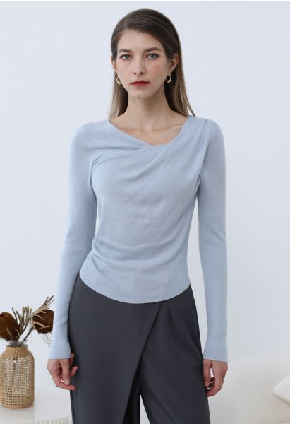 Gentle Crossover Long-Sleeve Knit Top in Blue