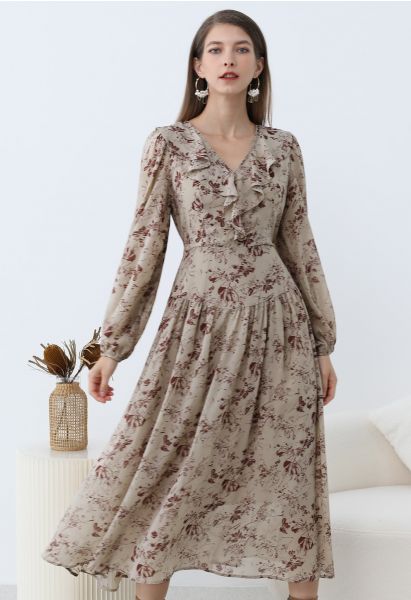 Serene Flower V-Neck Ruffle Chiffon Midi Dress in Taupe