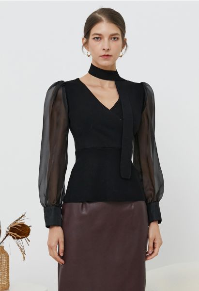 Sheer Sleeves Spliced Knit Top with Scarf in Black