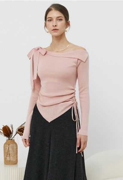 Side Bowknot Decor Drawstring Waist Knit Top in Pink