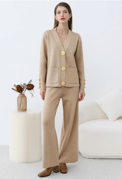 Golden Button Patch Pocket Knit Cardigan and Pants Set in Tan