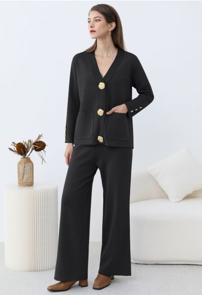 Golden Button Patch Pocket Knit Cardigan and Pants Set in Black