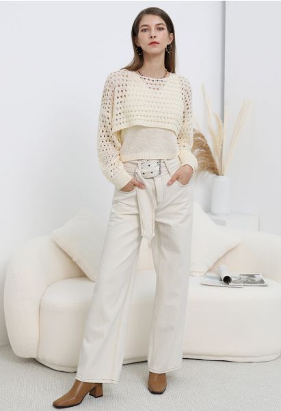 Fashion-Forward Buckle Belt Straight Leg Jeans in White