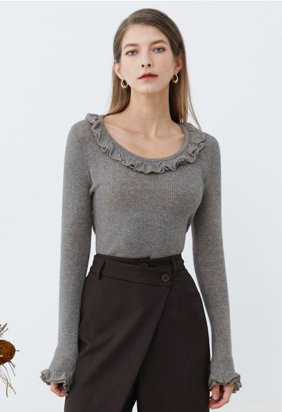 Ruffled Charm Long-Sleeve Ribbed Knit Top in Grey