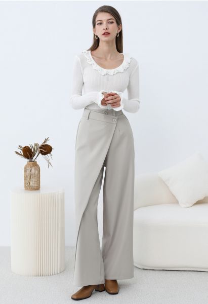 Asymmetric Flap Buttoned Straight-Leg Pants in Linen