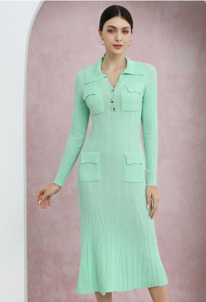 Relaxing Collared Flap Pocket Ribbed Knit Dress in Mint