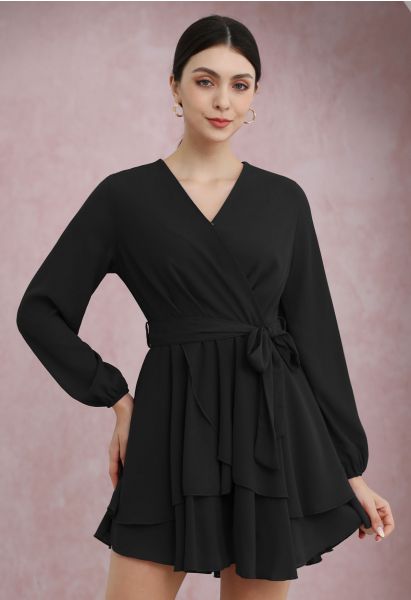 Lovable Tiered Ruffled V-Neck Wrapped Tie-Waist Mini Dress in Black