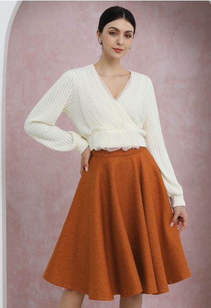 Autumn Edit Soft Tweed Flare Midi Skirt in Pumpkin