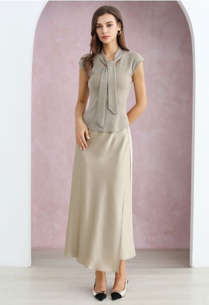 Satin Elegance Front Flap Maxi Skirt in Sand