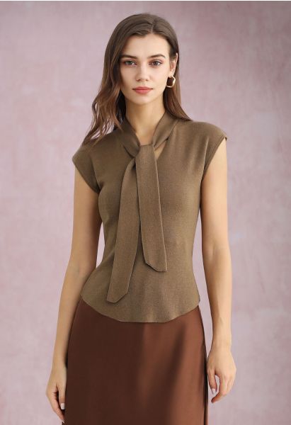 Ribbon-Tied Neckline Cap Sleeve Knit Top in Tan