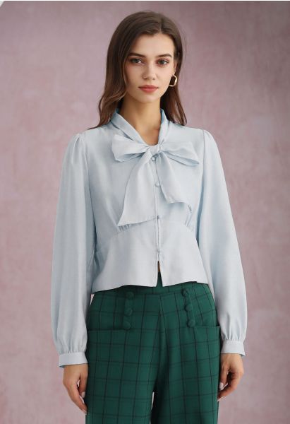 Bowknot Neck Buttoned Crop Shirt in Light Blue