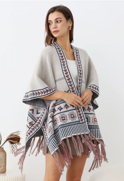 Boho Wanderer Fringed Knit Poncho in Ivory