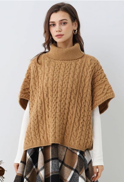 Warmth Turtleneck Cable Knit Cape Sweater in Camel