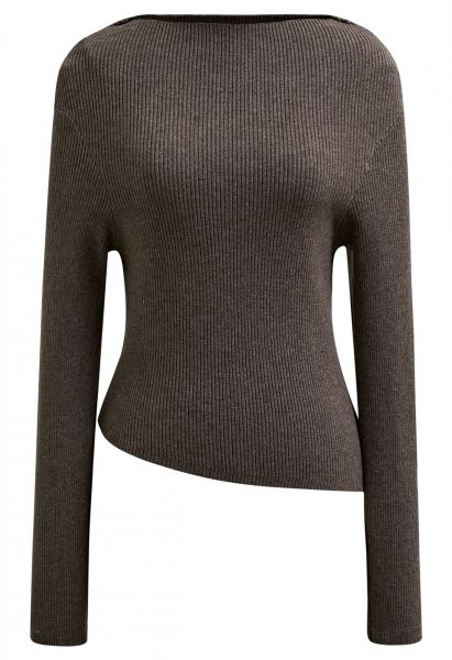 Slanted Hem Ribbed Knit Top in Taupe