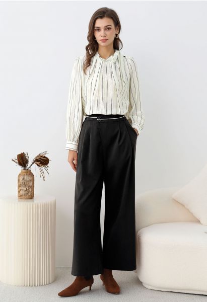 Contrast Piping Buttoned Pleats Palazzo Pants in Black