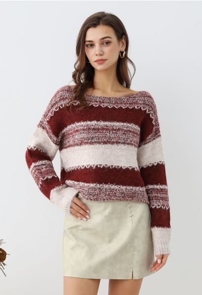 Fair Isle Stripe Cropped Knit Sweater in Red