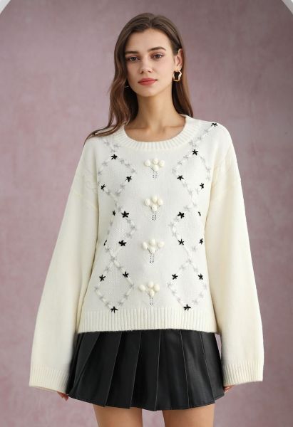 Floral Diamond Pom-Pom Ribbed Knit Sweater in Cream