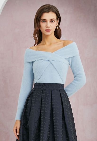 Crisscross Front Off-Shoulder Fuzzy Knit Top in Baby Blue