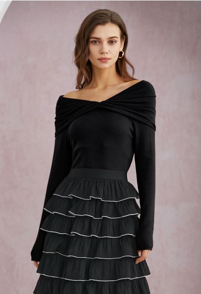 Ruched Fold Neckline Long Sleeve Off-Shoulder Top in Black