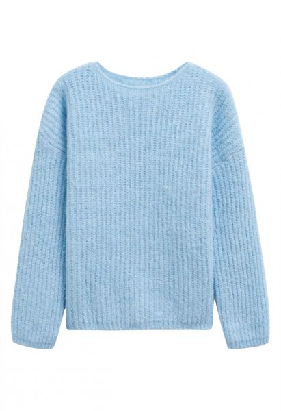 Solid Color Rib Knit Sweater in Light Blue