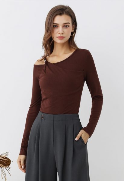 Asymmetric Knot One-Shoulder Fake Two-Piece Crop Top in Burgundy