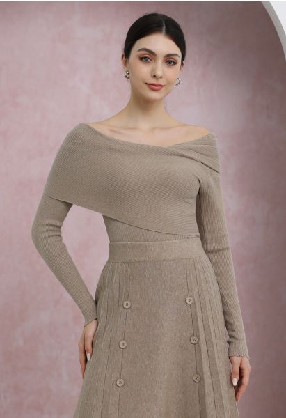 Soft Elegance Off-Shoulder Flap Knit Top in Sand