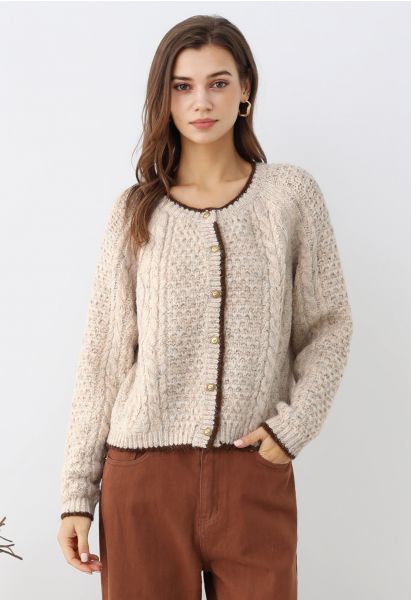 Contrast Edges Braided Knit Buttoned Cardigan in Oatmeal