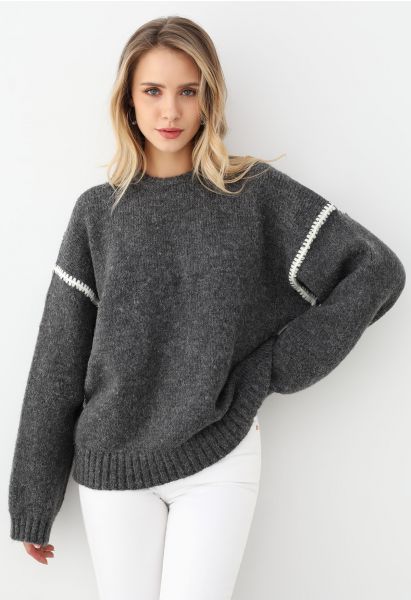 Whipstitch-Trimmed Dropped Shoulder Knit Sweater in Smoke