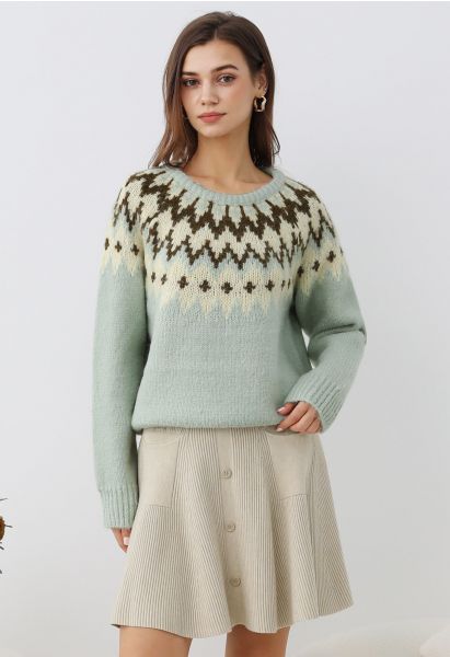 Winter Whimsy Fair Isle Ribbed Knit Sweater in Mint