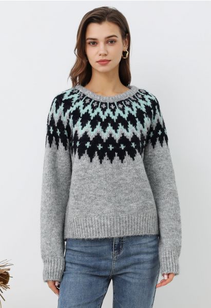 Winter Whimsy Fair Isle Ribbed Knit Sweater in Grey