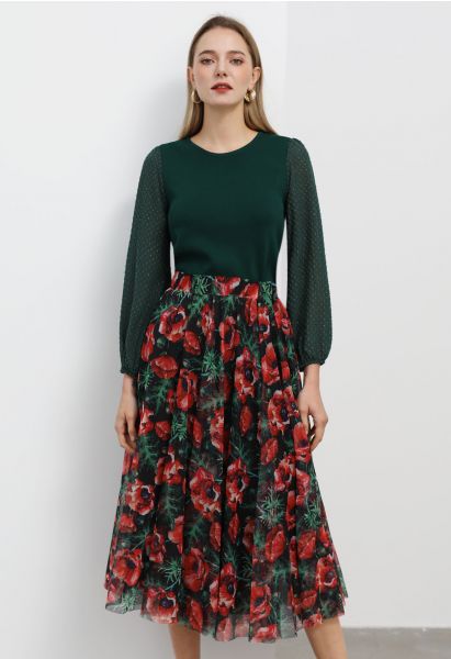 Scarlet Floral Printed Mesh Tulle Midi Skirt