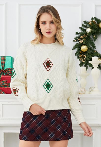 Festive Geometric Braid Knit Sweater in White