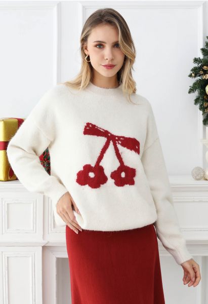 Delightful Cherry Bowknot Dropped Shoulder Knit Sweater