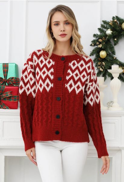 Festive Geometric Button Down Knit Cardigan in Red