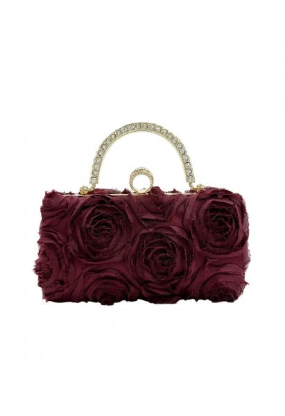 Opulent Rose Rhinestone Handle Clutch in Burgundy