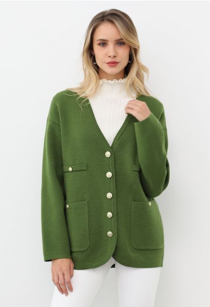 Impressive Patch Pocket Button Down Knit Cardigan in Green