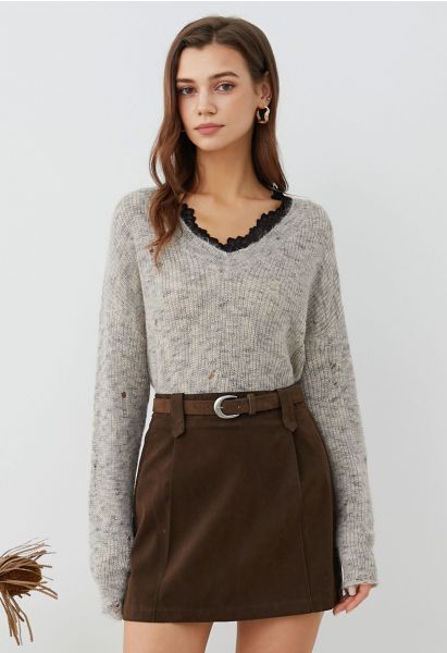 Time-Traveled Faux Suede Belted Mini Skirt in Brown