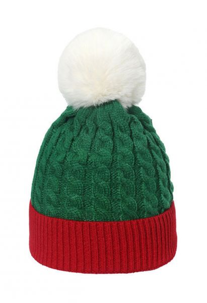 Fuzzy Pom-Pom Braid Knit Beanie Hat in Green