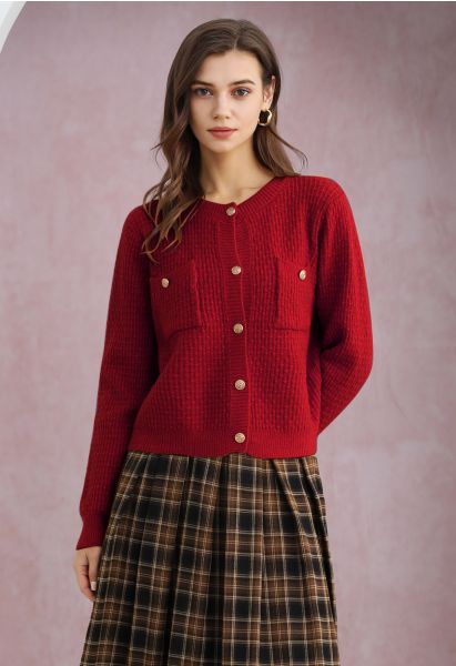 Embossed Dots Patch Pocket Buttoned Knit Cardigan in Red