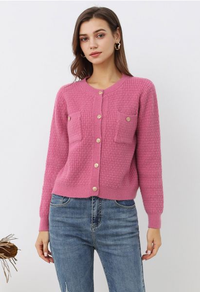 Embossed Dots Patch Pocket Buttoned Knit Cardigan in Pink