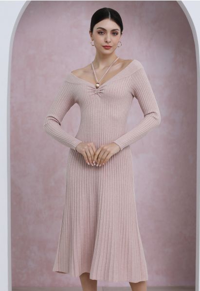 Self-Tie Halter Off-Shoulder Ribbed Knit Midi Dress in Pink