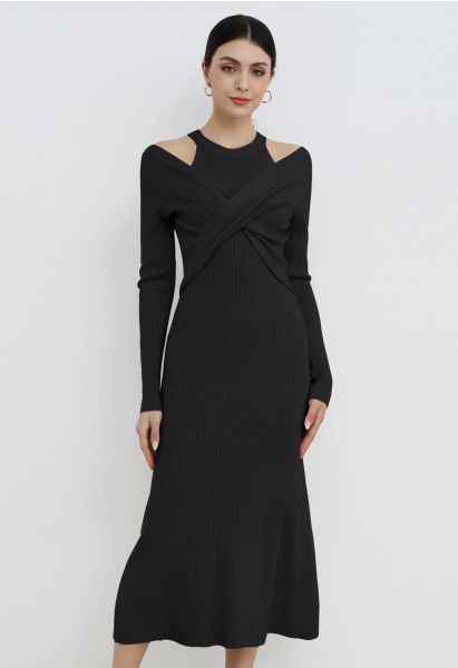 Cutout Shoulders Cross Front Knit Midi Dress in Black