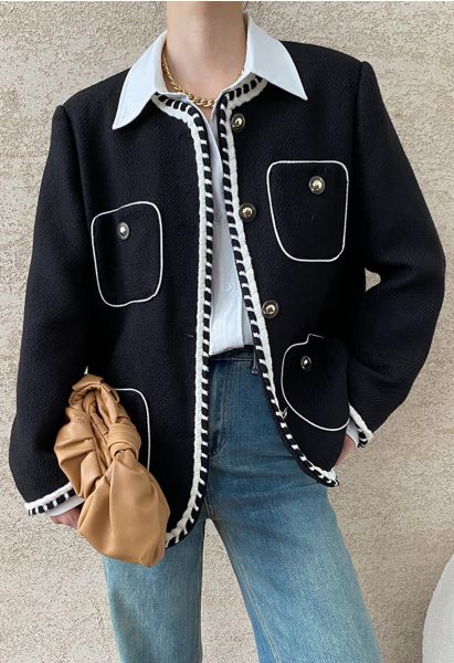 Contrast Edge Buttoned Wool Tweed Coat