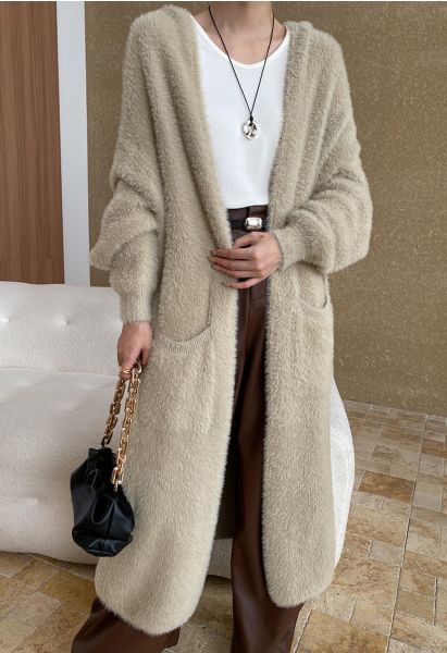 Fluffy Open Front Hooded Longline Knit Cardigan in Camel